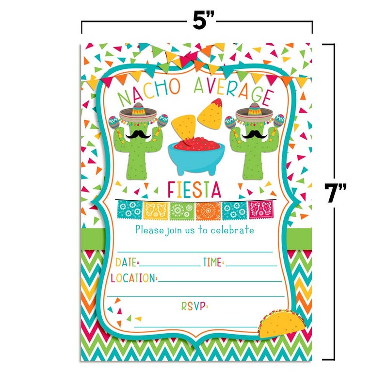 Amanda Creation Nacho Average Party Chips, Dip & Taco Themed Fiesta Birthday Party Invitations, 20 5x7 Fill In Cards with Twenty White Envelopes by AmandaCreation - Image 5